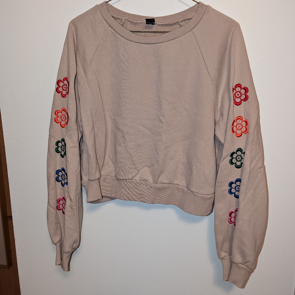 Tan Cropped Crew Neck with Rainbow Flowers Embroidered on Sleeves